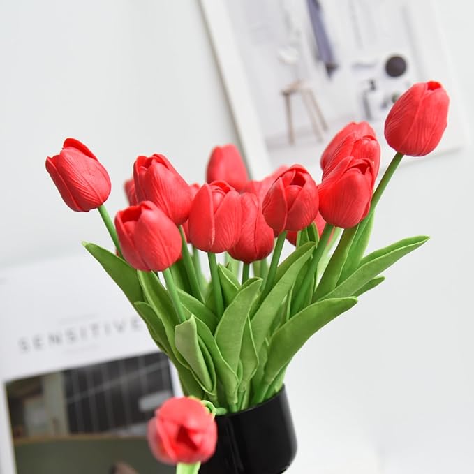 20 Pcs 13” Real Touch Red Tulips Artificial Flowers, Latex PU Fake Faux Lifelike Flowers with Stems, for Christmas Valentine's Day Mother's Day Easter Home Decor Wedding Bouquet