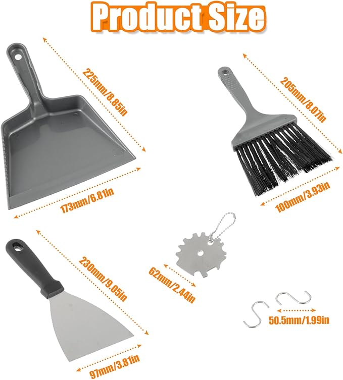 HUAREW 6 Piece Pellet Grill Ash Cleaning Kit, Includes 1 Dust Scoop, 1 Soft Bristle Brush, 1 Flat Scraper, 1 3D Scraper, 2 Hook
