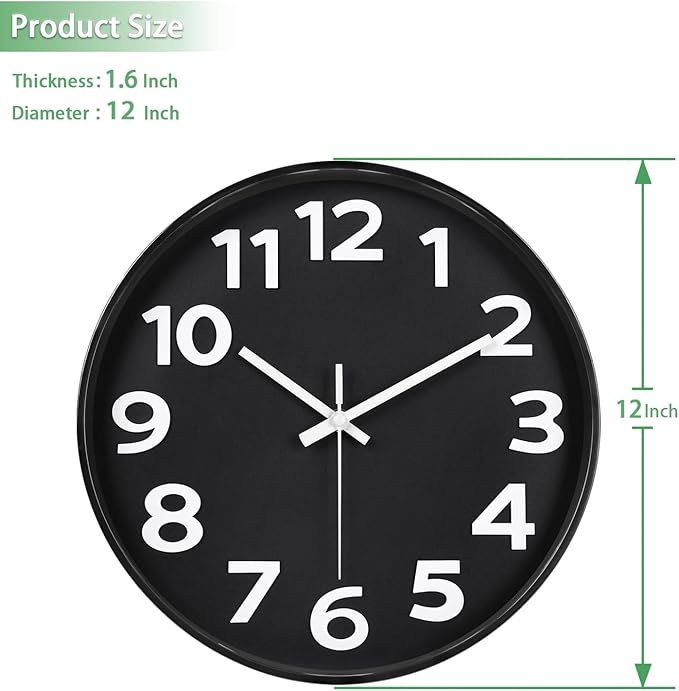 45MinST 12 Inch 3D Number Dial Face Modern Indoor Outdoor Clock, Silent Non-Ticking Round Home Decor Wall Clock with Arabic Numerals (Black)
