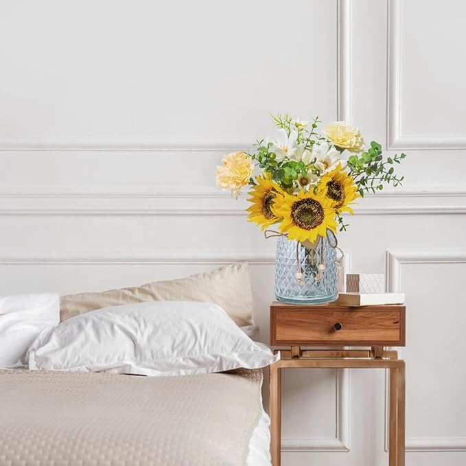 Artificial Flowers with Glass Vase, Fake Flower Bouquet Faux Sunflower in Vases for Home Dcor Flowers Modern Home Decor Table Decorative Flower Vase for Dinner Office Bedroom, Yellow