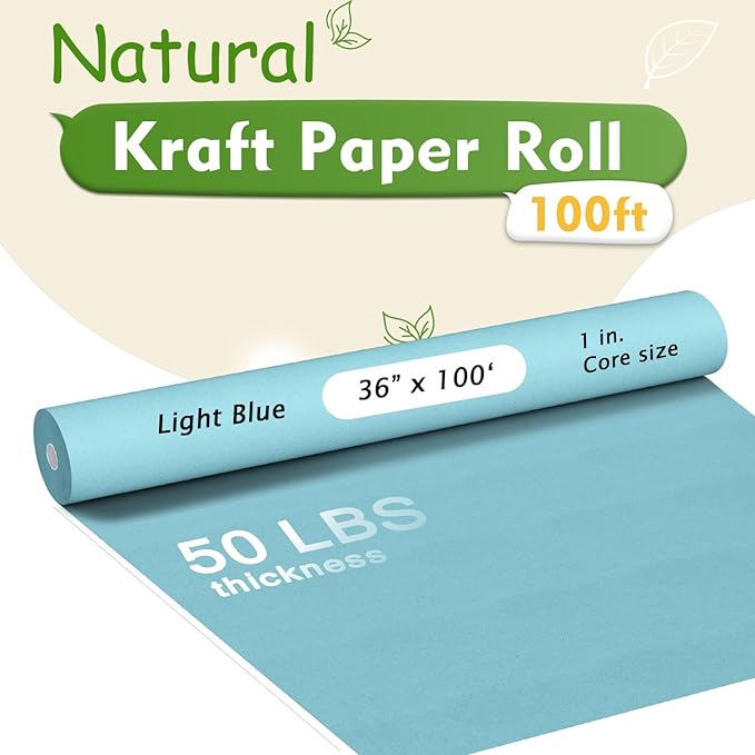 BAIJIALI 36" x 2,400" (200') Kraft Paper Roll for Craft Bulletin Board Paper Art Table Covering Crafting Gift Wrapping Bouquet Packing Parcel (Light Blue, 36" x200')