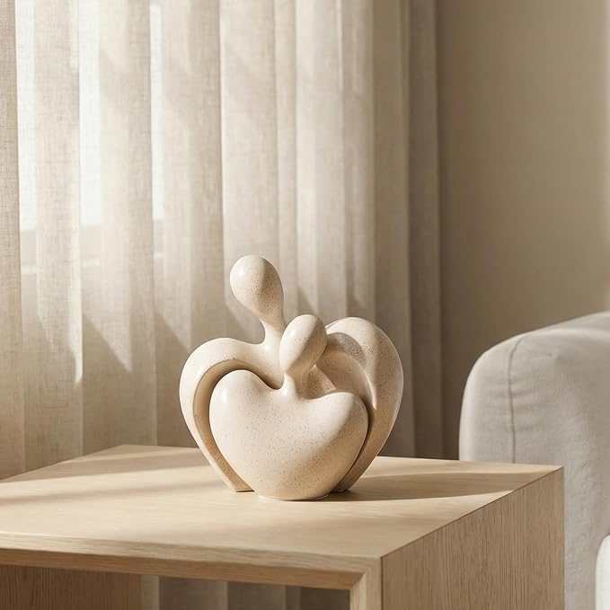 Ceramic Couple Statues Home Decor Aesthetic Abstract Sculpture Modern Decorative Statue for Living Room Bedroom Bookshelf Table Centerpiece Office (Beige)