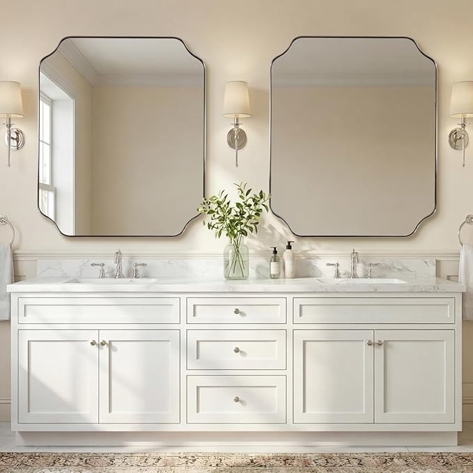 ANDY STAR 30x36 Inch Brushed Nickel Mirror, Silver Bathroom Mirror for Over Sink, Rounded Notched Corner Mirror in Anti-Rust Stainless Steel Metal Thin Frame, Wall Mount Vertically or Horizontally