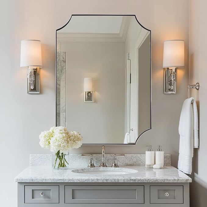 ANDY STAR Brushed Nickel Mirror 22x30 Inch, Scalloped Bathroom Mirror, Silver Bathroom Mirror in Anti-Rust Stainless Steel Metal Thin Frame Deep 1’’, Wall-Mounted Mirror (Horizontal/Vertical)