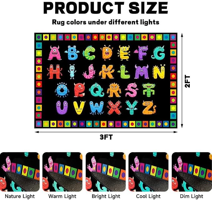 Alphabet Monster Area Rug for Kids 2'x3' Colorful ABC Learning Carpet Non Slip Educational Play Mat for Nursery Bedroom Playroom Classroom Entryway Living Room Home Decor