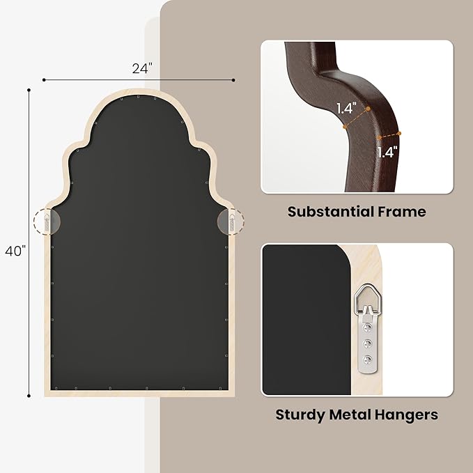 40"x24" Walnut Arched Mirror, Solid Wood Frame for Vanity, Mid Century Modern Decor for Living Room & Bedroom, Rustic Dark Brown Wooden Mirror for Wall, Boho Style