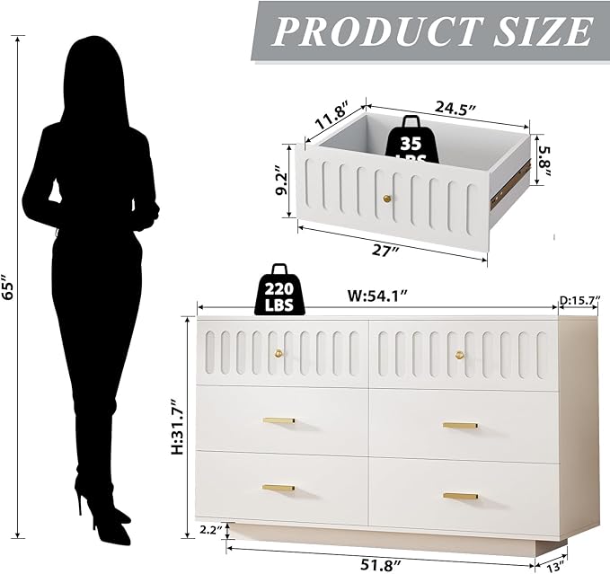 IBF Modern 6 Drawer Dresser for Bedroom, Fluted White and Gold Chest of Drawers for Kid Adult Closet, Large Wood Clothes Storage Dresser with Anti-Tipping Device for Living Room Hallway, White Oak