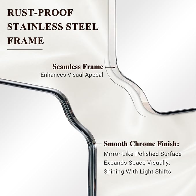 ANDY STAR 24"x48" Large Bathroom Mirror, Chrome Scalloped Wall Mirror, Polished Nickel Rectangle Mirror, Bathroom Vanity Mirror in Anti-Rust Stainless Steel Metal Frame, Vertically/Horizontally