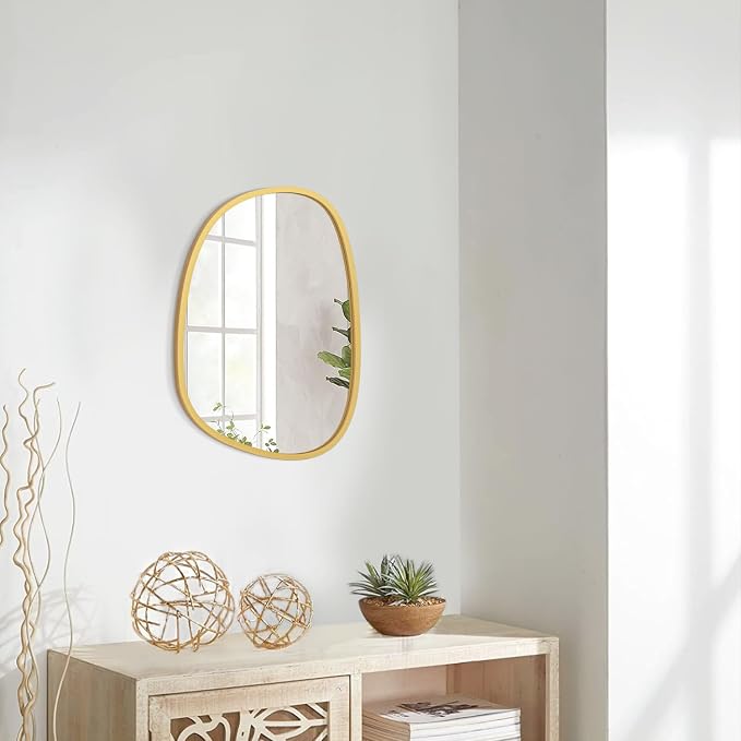 Irregular Wooden Framed Mirror for Wall Modern Asymmetrical Unique Hanging Mirror Artistic Unique Oval Shape Wall Mirror Decor Bathroom Vanity Bedroom Living Room Entryway Hallway Small