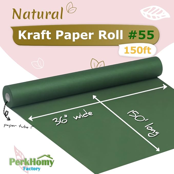 PerkHomy Dark Green Kraft Paper Roll 36" x 1,800" (150') for Gift Wrapping Bouquet Flower Art Painting Craft Writing Packaging Shipping 80GSM 55LB (Dark Green, 36" x 150')