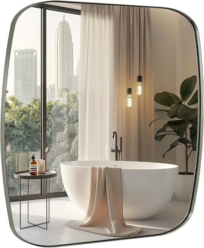 ANDY STAR Brushed Nickel Bathroom Mirror, 24x24 Oblong Mirror with Stainless Steel Metal Frame, Silver Vanity Mirror for Over Sink, Modern Anti Rust Wall Mounted