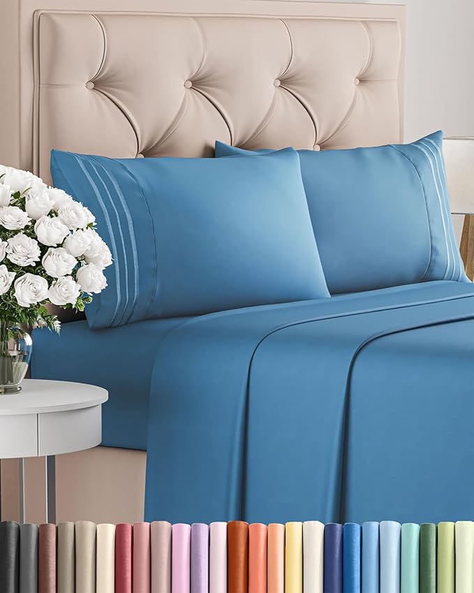 Cal King Size 4 Piece Sheet Set - Comfy Breathable & Cooling Bed Sheets Set - Hotel Luxury Bedding for Women, Men, Kids, Teens, Boys & Girls - Deep Pockets, Soft, Wrinkle Free - Oeko-Tex - Denim Blue