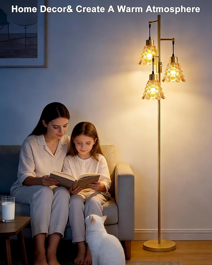 Lightdot 67" Glass Floor Lamps for Living Room, 3-Light Dimmable Floor Lamp with Amber Glass Shade& Bulbs Included, Mid Century Standing Tall Lamp with 5Lbs Heavy Base for Bedroom/Sofa Beside-Gold