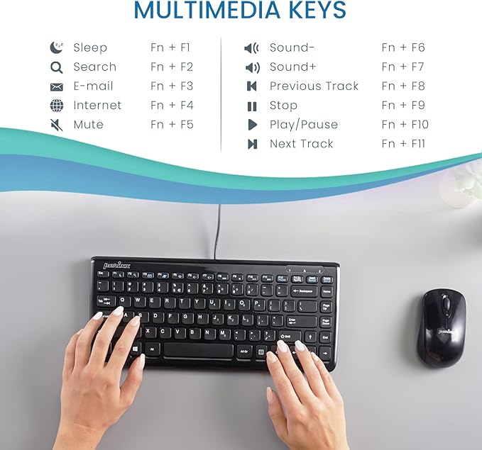 Perixx PERIBOARD-407B US, Wired USB Mini Keyboard with 11 Hot Keys - Glossy Black - US English Layout