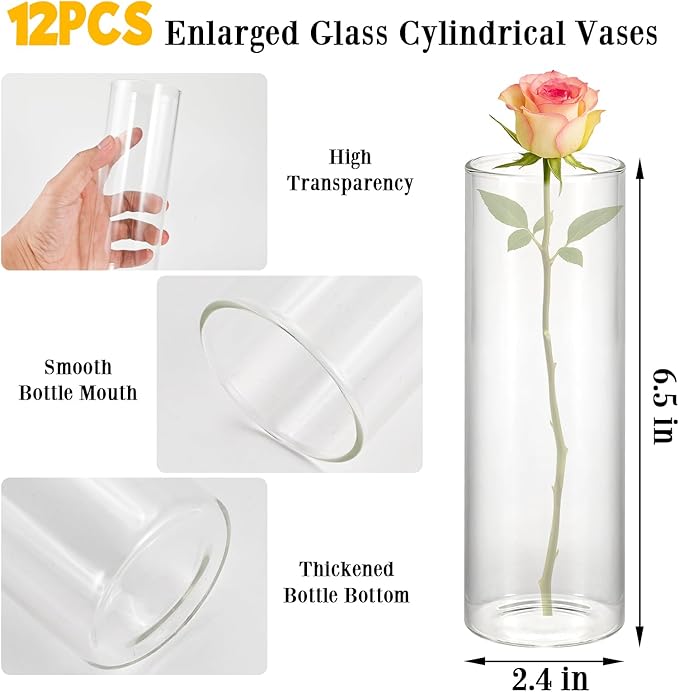 12 Pack 6.5" Tall x 2.4" Diameter Clear Glass Cylinder Vases-Flower Vases for Centerpieces, Hurricane & Floating Candle Holders for Weddings, Parties, Home Decor,Table Displays