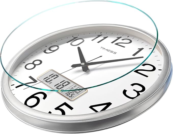 TIMESS Wall Clock, 13 Inch Non-Ticking Silent Battery Operated Quartz Analog with LCD Display for Perpetual Calendar and F° Temperature, Ideal Modern Home, Bedroom, Kitchen, Office Décor (Sliver)