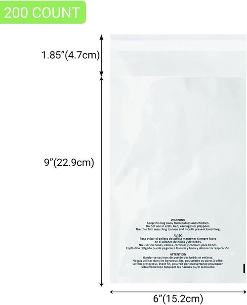 Belinlen 300 Count Self-Seal Clear Poly Bags - 6x9 Inch with Suffocation Warning & Permanent Adhesive