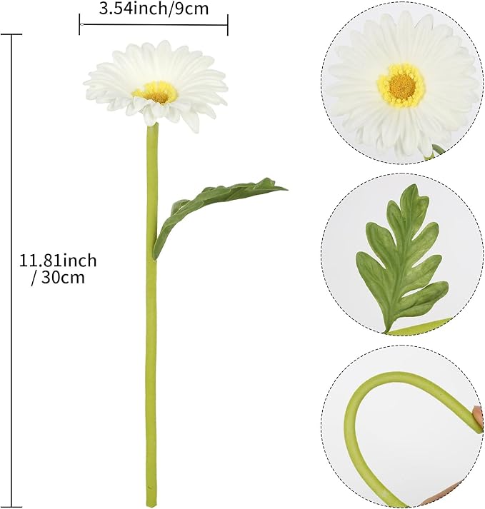 White Small Flowers 11.8” Fake Daisies 8 Pcs PU Gerbera Daisy Artificial Flowers for Vase Wedding Party DIY Office Home Living Room Decor