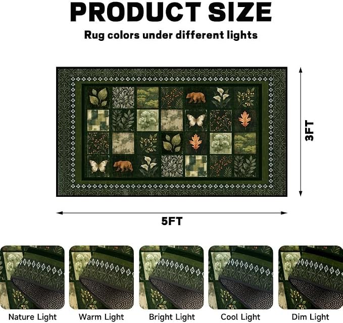 3'x5' Vintage Green Botanical Area Rug Non-Slip Washable Nature Patchwork Carpet Boho Floor Mat Rugs for Entryway Bedroom Living Room Nursery Kitchen Playroom Home Decor