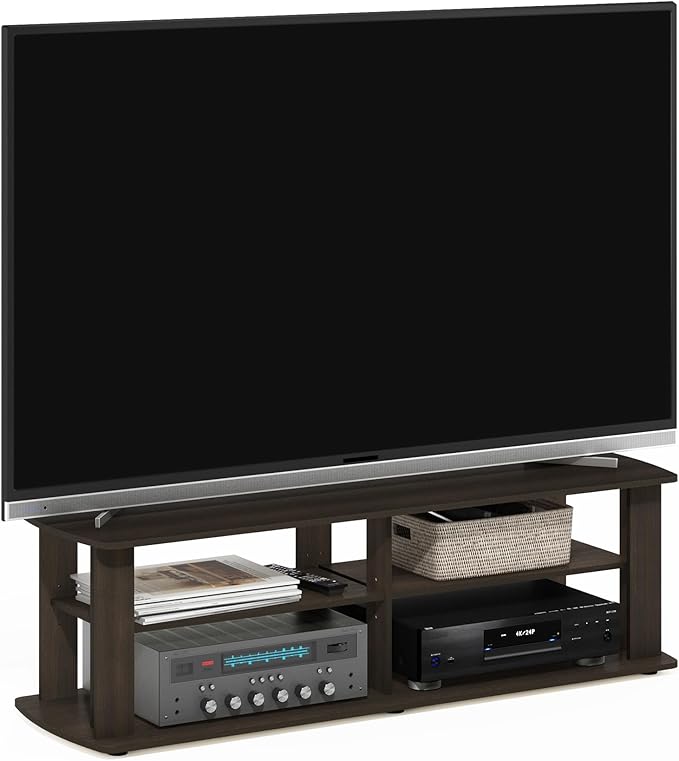 Furinno NELLY TV Stand, 3-Tier Entertainment Center with Open Shelves Storage, TV Console for TV up to 50 Inch, Soft Edges, for Living Room, Bedroom, Dark Brown