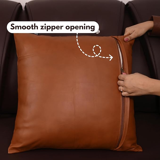 D DOLLY LAMB Lambskin Leather Pillow Cover - Sofa Cushion Case - Decorative Throw Covers for Living Room & Bedroom, 22x22 Inches - Camel Antique Plain