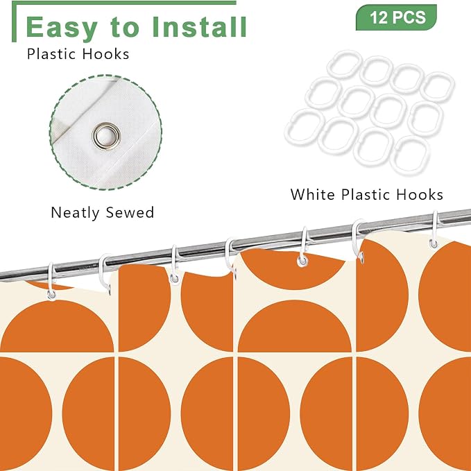 Orange Mid Century Modern Shower Curtain, Boho Abstract Geometric Retro Art Bath Curtains For Bathroom, Colorful Unique Pattern Waterproof Polyester Fabric Bathroom Accessories Set 12 Hooks 72X78IN