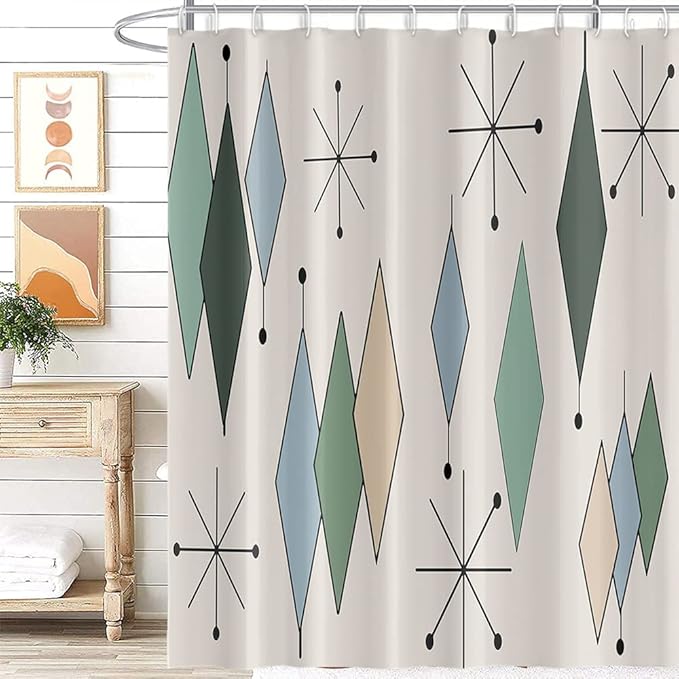 Mid Century Shower Curtain Modern Abstract Diamond Geometric Atomic Starburst Pattern for 1950s Retro Bathroom Decor Accessories Shower Curtain Set with 12 Hooks, 72x72 Inches