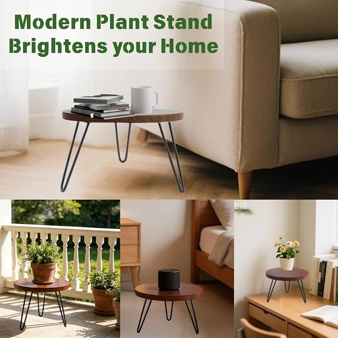Plant Stands Indoor, Mid Century Wood Planter Stand with Metal Legs, Fits 5 to 13 Inches Pots, Stable Wood Single Small Plant Stool for Living Room, Balcony, Office