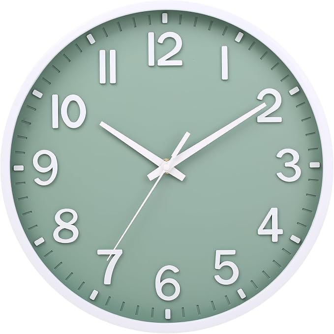 Wall Clocks Battery Operated 12 inch Modern Wall Clock,Silent Non Ticking Wall Clock for Living Room Bedroom Kitchen Office Classroom Decor (Green White)