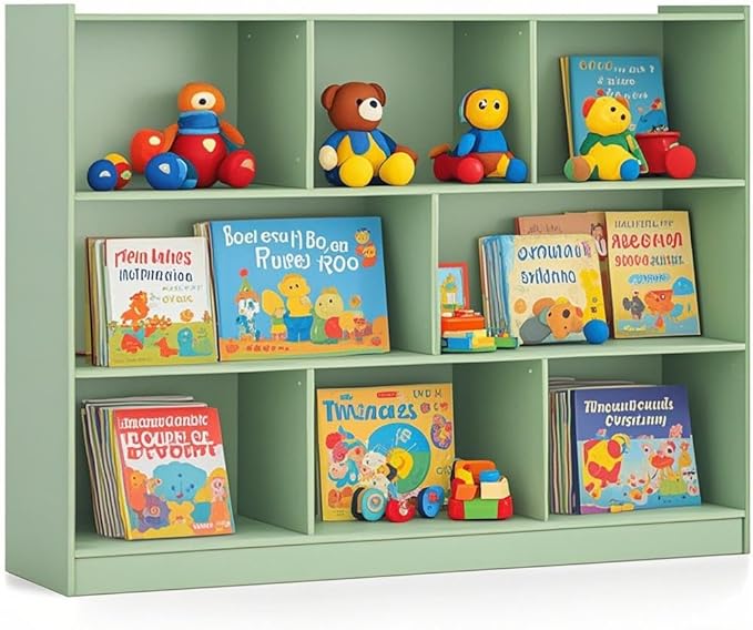 Toy Storage Organizer, 2-Tier Kids Bookshelf, 5 Cube Kids' Bookcases, Cabinets & Shelves, Wooden Toy Organizers, Small Book Shelf for Bedroom, Playroom, Classroom, Nursery (Green, 3-Tier)