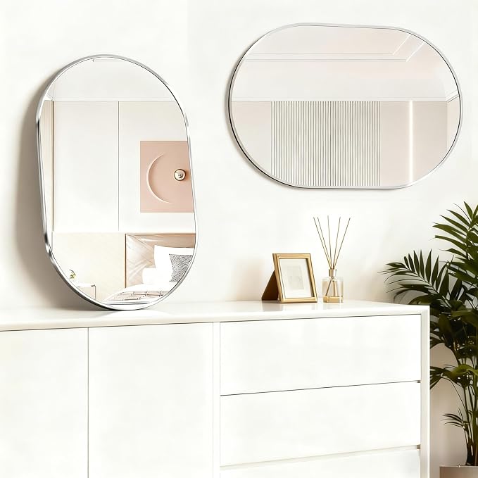 Oval Bathroom Mirror Capsule Wall Vanity Mirror, 24"x36" Pill Mirrors Wall Mounted Mirror, Large Modern Mirror with Silver Metal Frame, Decor for Entryway, Bedroom, Living Room