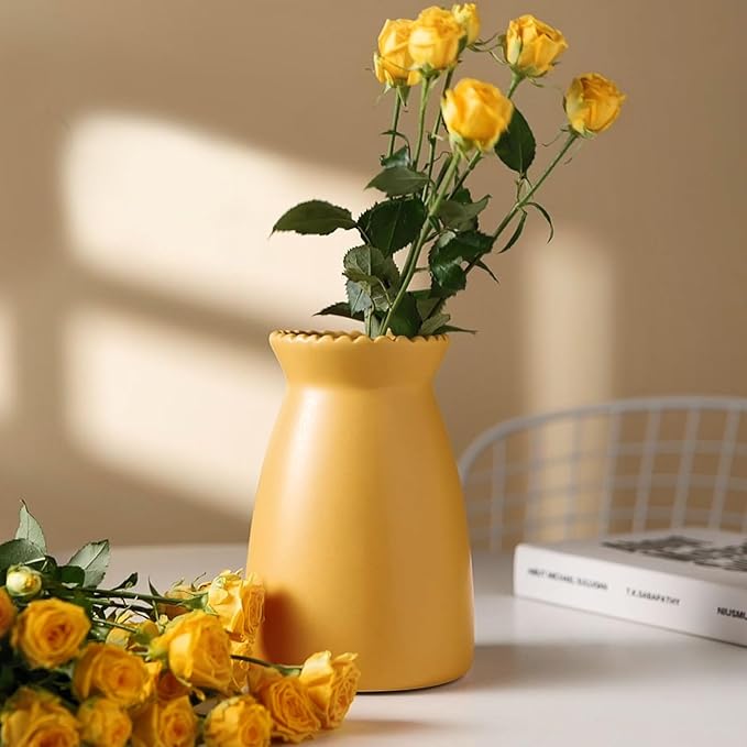 hjn Yellow Flower Vase – Minimalist Ceramic Vase, Decor Vases for Flowers/Centerpieces/Table/Office/Living Room/Bookshelf/Mantel/(Yellow)