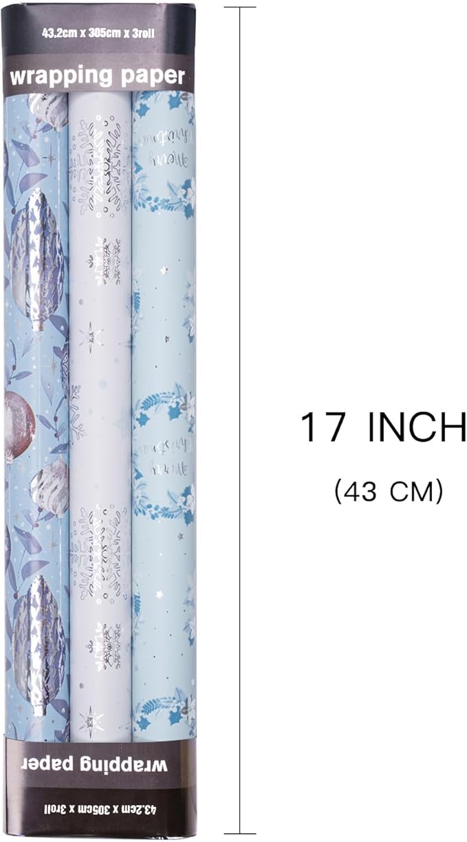 LeZakaa Blue Christmas Wrapping Paper Mini Roll, Silver Blue Winter Ornaments, Floral Wreath, Snowflake Holiday Gift Wrap, Arts Craft, for Xmas Winter Party Men Women, 17 x 120 inches, 3 Rolls