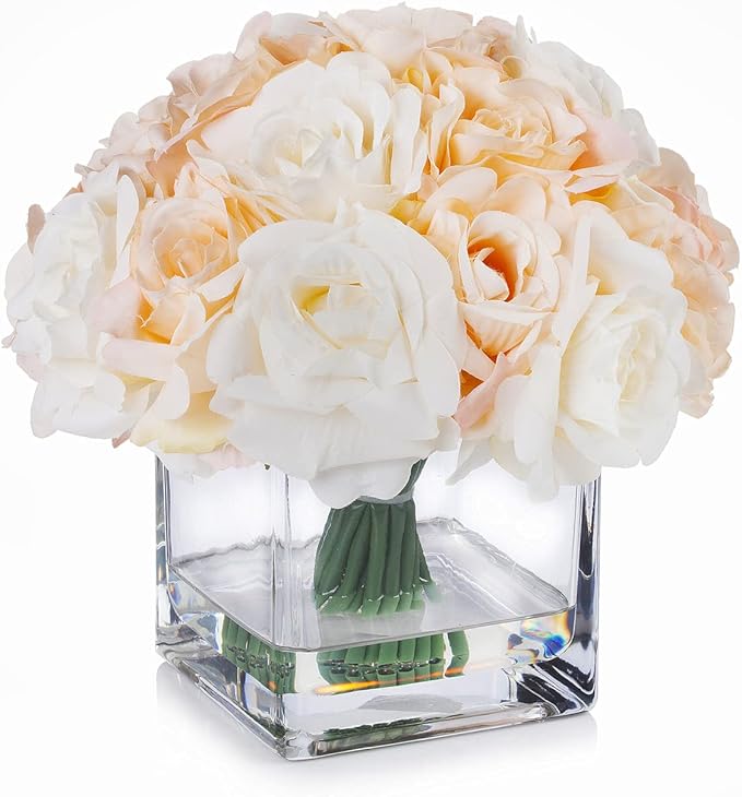 ENOVA FLORAL 18 Pieces Rose Artificial Flowers in Vase, Fake Flowers in Vase with Faux Water for Wedding, Dining Table(Cream Beige)