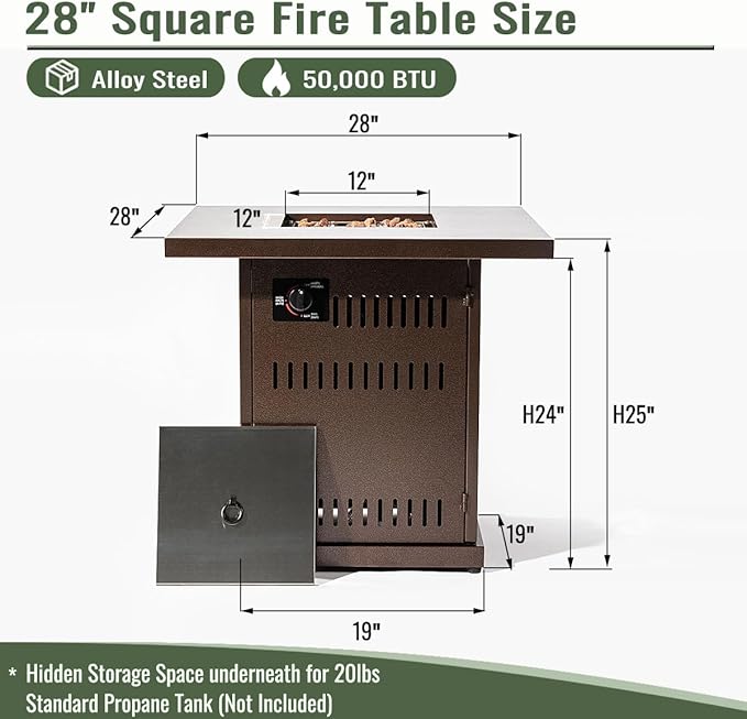 28" Propane Gas Fire Pit Table, 50000 BTU Imitation Wood Grain Finish Square Fire Pit with Lid & Volcanic Stones 2 in 1 Fire Pit Table Rock for Outside Patio Deck Garden Courtyard