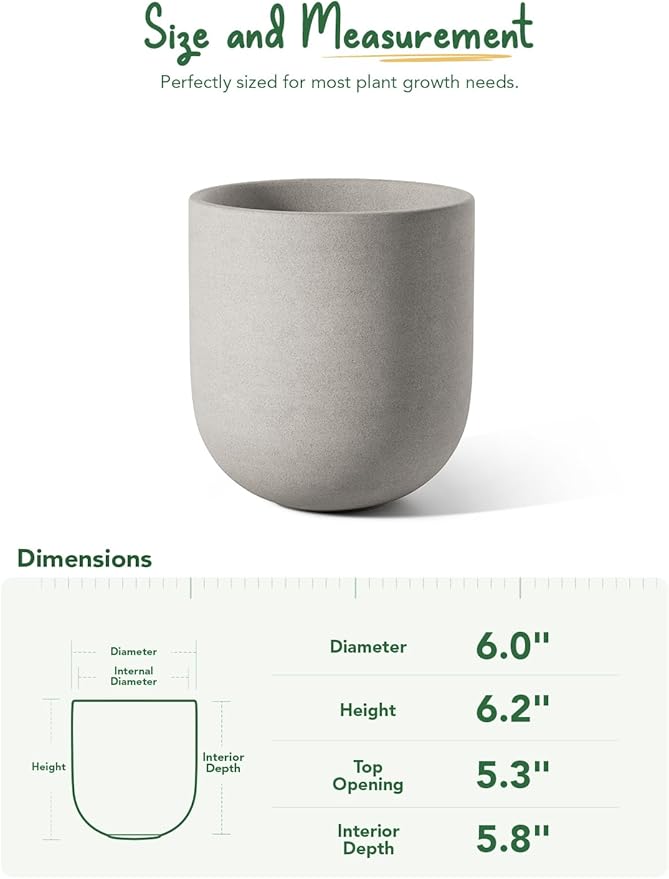 LE TAUCI 6 Inch Plant Pot, Ceramic Planter for Herbs & Small Houseplants, Tabletop Indoor Pot for Shelf, Desk and Windowsill, Small Planter with Drainage Hole & Rubber Plug, Neutral Gray