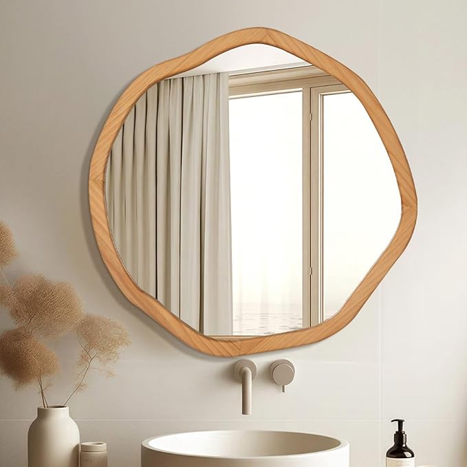 ULIKE Round Wood Mirror, 30 Inch Irregular Circle Vanity Wall Mirror with Wooden Frame, Rustic Decorative Wall Mount for Bathroom Bedroom Living Room Entryway, Natural