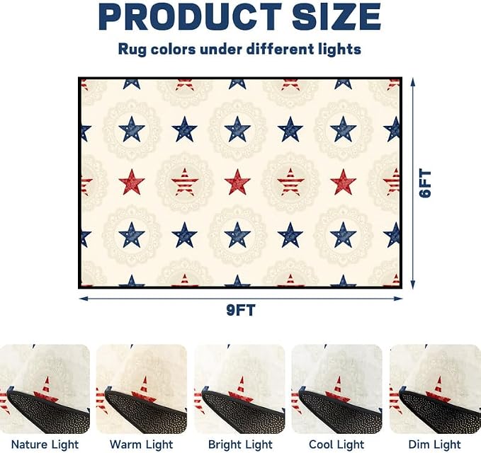 Star Area Rug 6'x9' Vintage Red Blue White Carpet Washable Low Pile Floor Mat Rugs for Bedroom Living Room Nursery Playroom Classroom Home Decor
