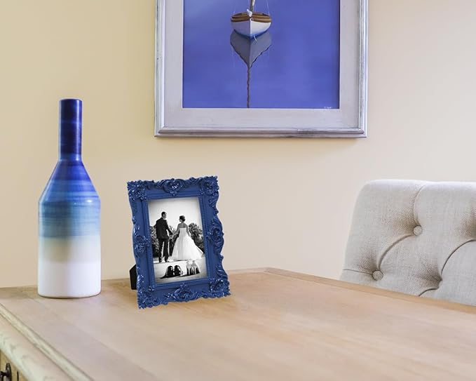 Laura Ashley 4x6 Navy Ornate Textured Hand-Crafted Resin Picture Frame with Easel & Hook for Tabletop & Wall Display, Decorative Floral Design Home Décor, Photo Gallery, Art, More (4x6, Navy)