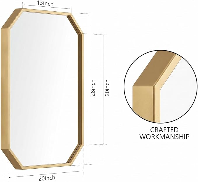 20 x 28 Inch Gold Octagon Wall Mirror, Modern Metal Framed Octagonal Bathroom Mirror, Decorative Wall Mounted Mirror for Vanity, Living Room, Bedroom & Entryway
