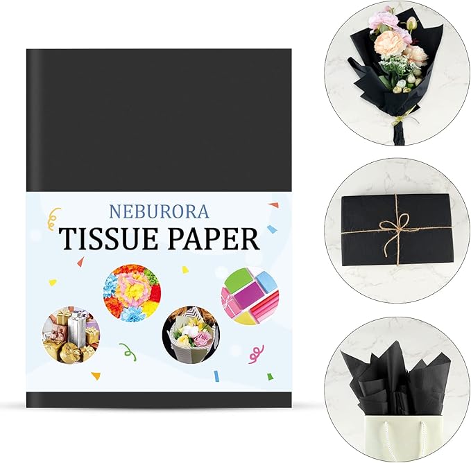 NEBURORA 120 Black Tissue Paper Sheets - 14 x 20 Inches, Gift Bags, Packaging, Floral Filler, Crafts, Birthday, Christmas, Halloween Decor