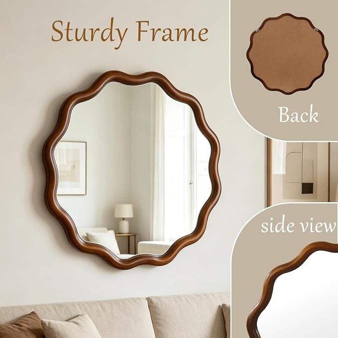 24" Wavy Edge Round Mirror, Solid Wood Framed Wall Decor with Clear Reflection for Bathroom, Bedroom, Living Room & Entryway (Dark Walnut)