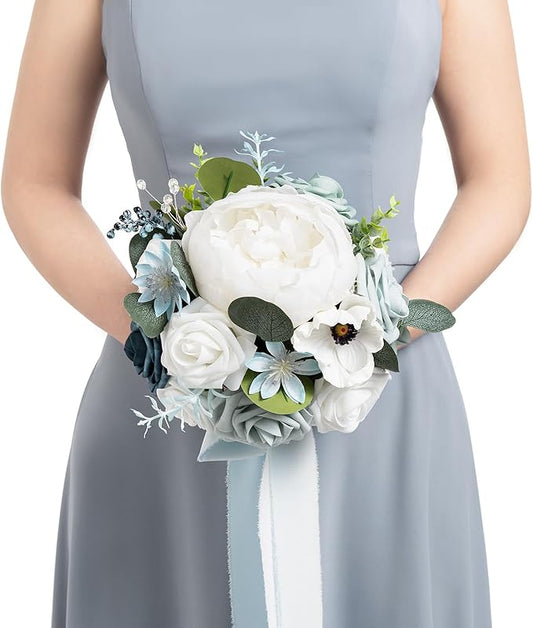 Ling's Moment Artificial Flowers Dusty Blue Bridesmaid Bouquet, Blue & White Wedding Flowers Bouquets for Bridesmaids, 7 Inch Bridal Bouquets for Bridesmaids, Wedding, Ceremony, Anniversary, etc