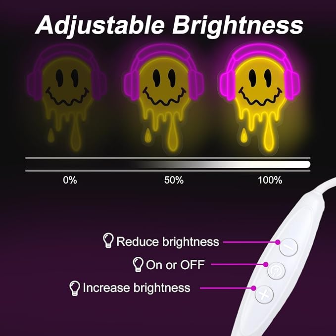 Melting Smile Face With Headphone Neon Sign for Wall Decor Neon Smile Light Signs for Kids Room Bar Party Bedroom Decor Lamp Personalized Gifts Kids Room, Wedding Decoration, Holiday Gift-Pink
