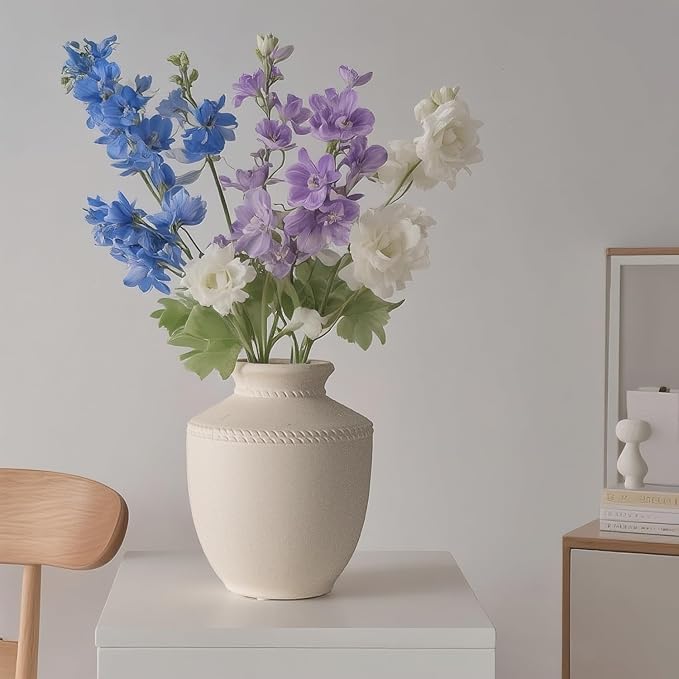 Farmhouse Ceramic Vase for Living Room Bedroom White 7.45'' Flower Bouquet Vase for Fake Plant Home Decor Office Fireplace Centerpieces Rustic Retro Vintage Modern Gift Decoration