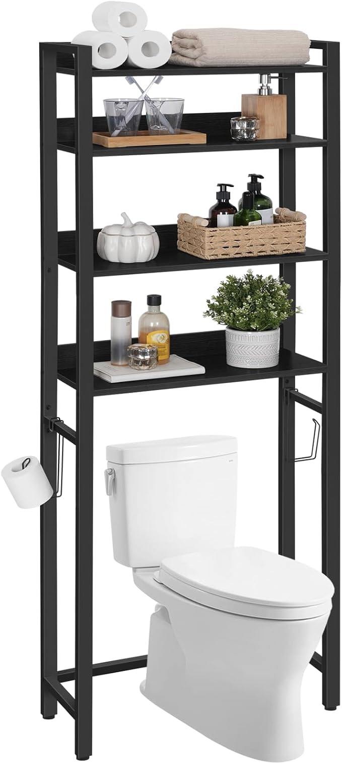 MAHANCRIS Over The Toilet Storage Rack, 4 Tier Bathroom Organizer Over Toilet, Freestanding Space Saver Toilet Stand with 2 Hooks, Bathroom Storage Shelf, Easy to Assemble, Black TSHB0401