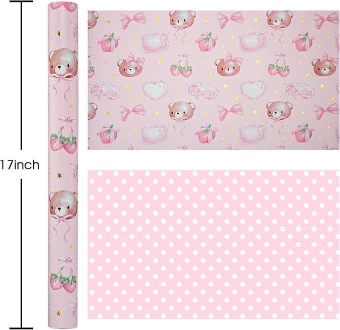 Burymento Pink Strawberries Bear Wrapping Paper, Reversible Dot Design Gift Wrap for Baby Shower, Birthday, Valentines, Mothers day, Graduation, Wedding, Fathers day, Christmas (17 Inch X 32.8 Feet)