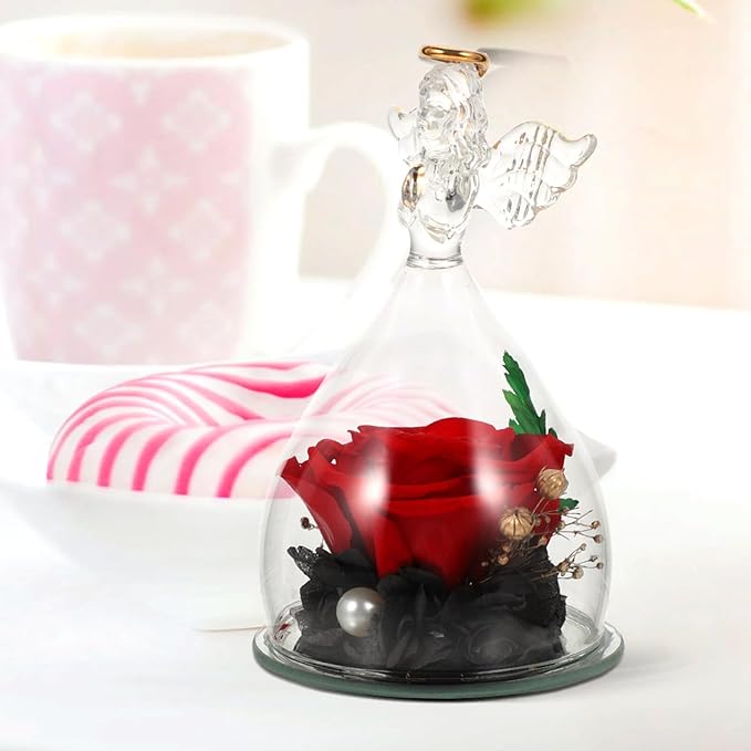 Garneck Eternal Preserved Rose with Angel Figurines in Glass Dome Romantic Desktop Ornament for Birthday Mother's Day Wedding Floral Decoration