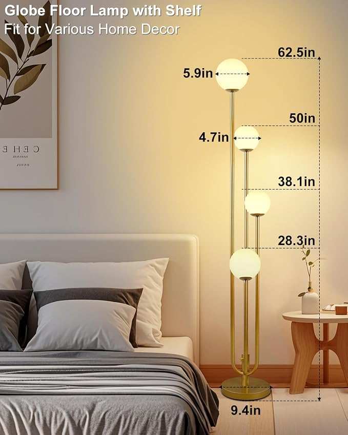 63IN 4-Light Dimmable Floor Lamp, Unique Gold Tall Standing Lamps with 3000K Bulbs for Reading, Mid Century Modern Floor Lamp with 5Lbs Heavy Base for Living Room Bedroom Home Office