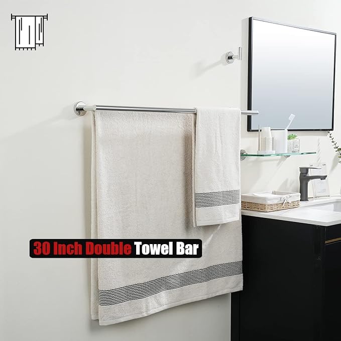 JQK Double Bath Towel Bar, 33 Inch 304 Stainless Steel Thicken 0.8mm Towel Rack for Bathroom, Towel Holder Polished Chrome Wall Mount, Useable Length 30 Inch 2 Pack, TB100L30-CH-P2